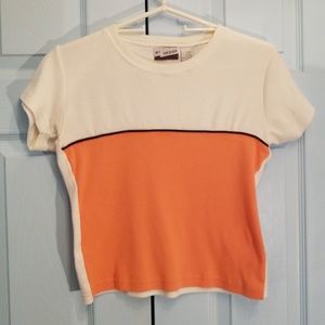White and peach with brown stripe top